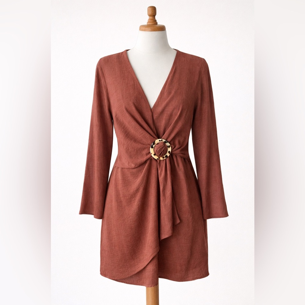Topshop Rust Wrap Front Mini Dress | Tortoise Ring Detail | Size US 10